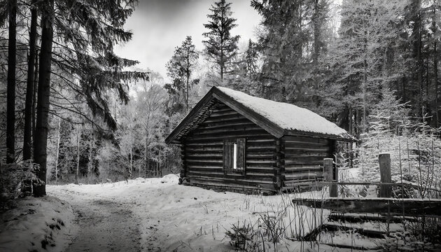 A black and white photo of a cabin in the woods