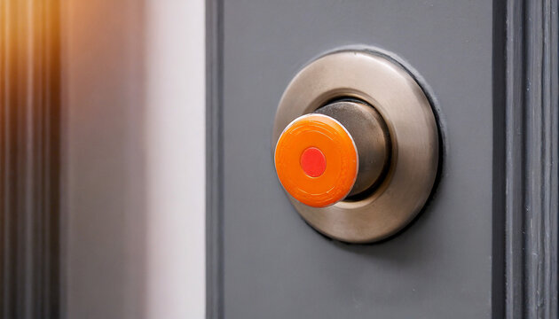 A close up of a door knob with an orange button