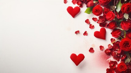 Hearts and red roses on a light background with space for text.	
