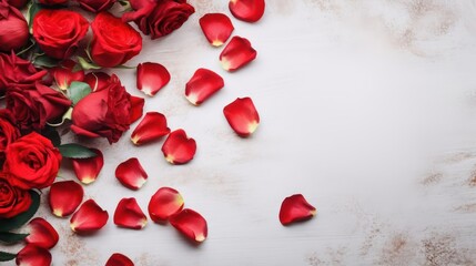 Hearts and red roses on a light background with space for text.	