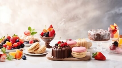 Delicious and beautiful desserts on a light background with space for text