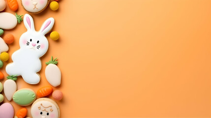 Easter cookies and eggs on an orange backdrop - obrazy, fototapety, plakaty