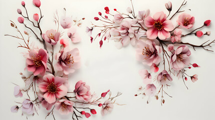 Artificial cherry blossom branches on a white background, space for text