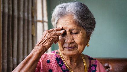 Asian elderly women have vision problems. Have eye pain. Eye disease in the elderly. cataracts, diabetic retinopathy