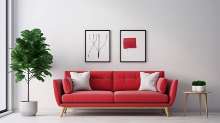 Red sofa and recliner in apartment, modern living room interior design, Mockup frame concept in simple comfortable living room interior, 3d rendering