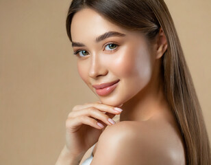 Beauty face. Woman with natural makeup and healthy skin portrait. Beautiful asian girl model touching fresh glowing hydrated facial skin on beige background closeup. Skin care concept