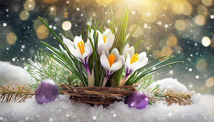 Beautiful composition spring flowers. sun crocus; the first warm snow