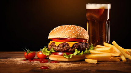 Juicy and tasty cheeseburger with cola and French fries on a plain background