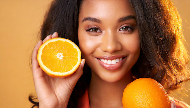 Beautiful Woman Smiling with Orange Fruit. Positive Woman with Radiant Face Recommended Vitamin for Skin. Girl Model with Natural Makeup and Glowing Hydrated Skin.