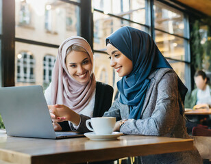 Business. Colleagues Meeting In Cafe. Diversity Ethnic Women. Smiling Girl In Hijab Working On Laptop, Blonde Looking At Screen.