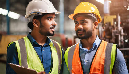 Chief Engineer and Project Manager Wearing Safety Vests and Hard Hats, Talking and planning optimization of production. inspector controller in industrial factory - obrazy, fototapety, plakaty