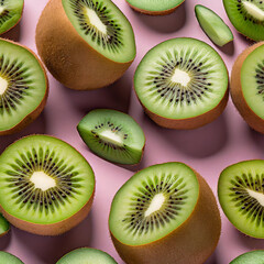Colorful pattern of fresh ripe whole and sliced kiwi fruits