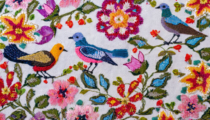 Colorful embroidered fabric with birds and flowers