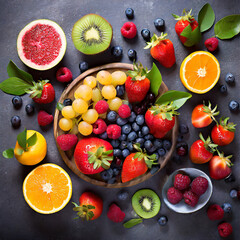 Collection of fresh fruits and berries; flat lay on dark background