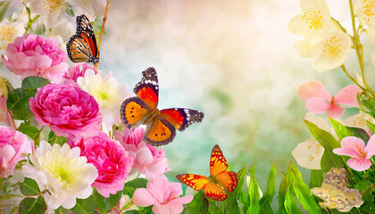 copy space on a Beautiful valentine composition spring flowers and butterflies in the garden