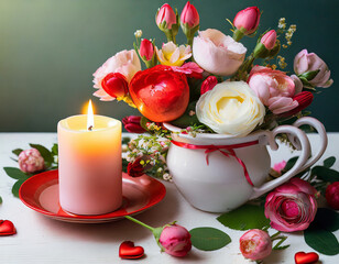 copy space on a Beautiful valentine composition spring flowers, cup and candle; top view