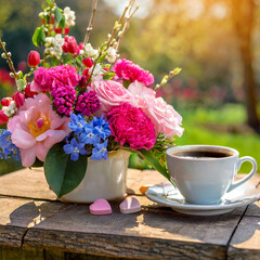 Obraz na płótnie Canvas copy space on a Beautiful valentine composition spring flowers and cup of coffee outside