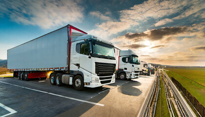 Delivering future. Logistics in motion. Cargo caravans. On road to commerce. Trade and transport. trucks on car park