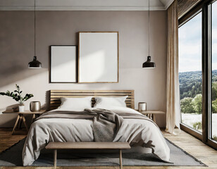empty frames mock up above bed in modern bedroom interior, 3d render