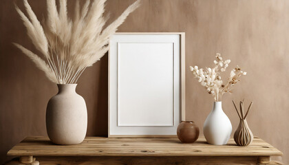 Empty vertical white frame on the wooden table. Background for wall art mockup. Modern beige boho interior with vase.