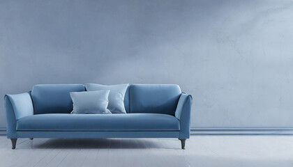 Dusty blue sofa near the empty wall. Modern monochrome interior for mockup, wall art. Promotion background with copyspace.