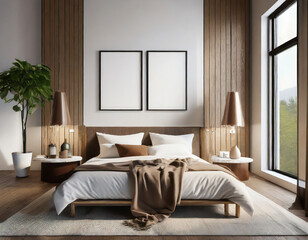 empty frames mock up above bed in modern bedroom interior, 3d render