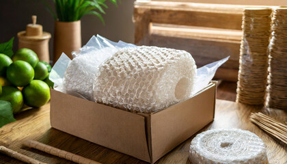 Environmental friendly paper bubble wrap. Products packed with paper cushioning in a box. Packaging cushioning material made of paper for environmental protection
