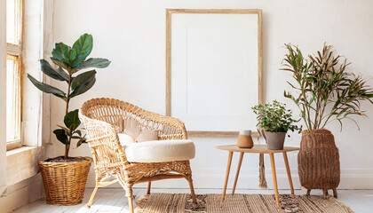 Empty white wall mockup in boho room interior with wicker armchair. Beige pot with plants and coffee table. Natural daylight from a window. Promotion background
