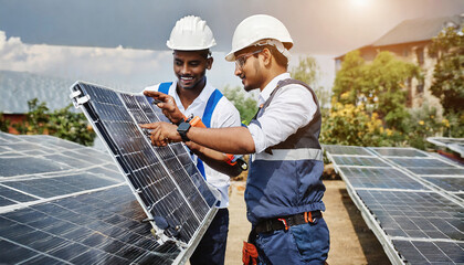 Engineers in helmets installing solar panel system outdoors, technician working on ecological topic