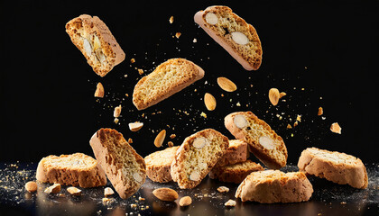 Falling Cantuccini cookies isolated on black background