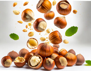 Falling hazelnuts isolated on a white background; high resolution photo