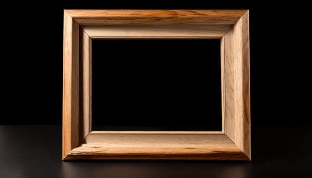 Empty wooden picture frame, isolated object against a black background