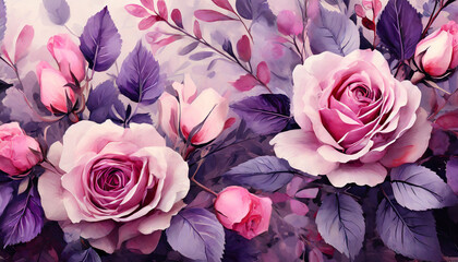 floral romantic abstract background with pink roses and purple leaves