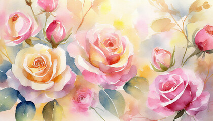 floral romantic abstract background with beautiful pink rose flowers, watercolor