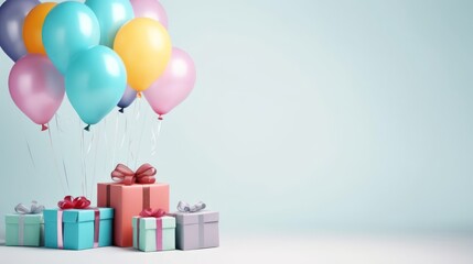 Beautiful gift boxes with balloons on a light background with space for text