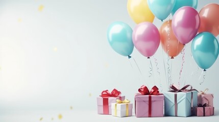 Beautiful gift boxes with balloons on a light background with space for text