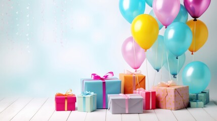 Beautiful gift boxes with balloons on a light background with space for text