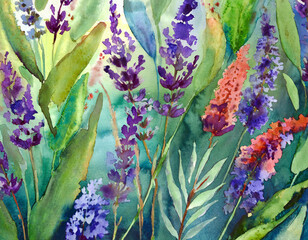 floral romantic abstract background; watercolor summer-green, blue, red, lavender, illustration