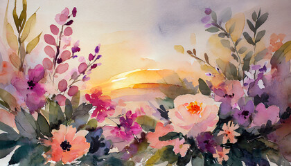 floral romantic abstract background; watercolor hand painted painting; colorful sunset