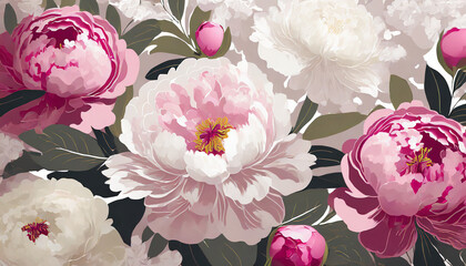 floral romantic abstract background; pink and white peony flowers illustration