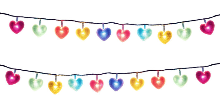 Valentine's day garland of lights, PNG Decoration. Romantic lights are isolated on a transparent background. Stock PNG image of hearts isolated on transparent backgrounds for design.