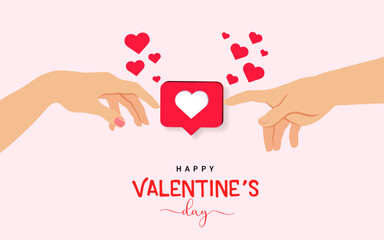 Happy Valentines Day concept with hands from creation of Adam and heart like button. Hands of lovers touching the symbol of love. Vector illustration - obrazy, fototapety, plakaty