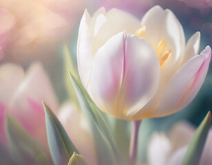 floral romantic card; white tulip flower close-up in pastel colors