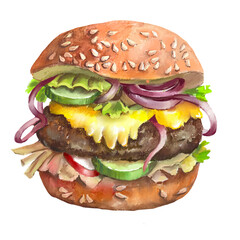 hamburger on white background.Vegetables, meat, onions, cheese, bun, salad, street food, appetizer. Fresh tasty burger. Watercolor hand drawn illustration, isolated on white background