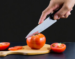 hand use knife to slice tomato isolated in black background - Powered by Adobe