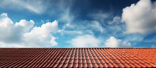 Metal tile on roof, types of roofing, decorative house below blue sky and clouds. - obrazy, fototapety, plakaty