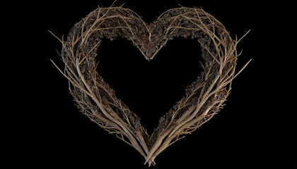 Heart-shaped decoration made of dry branches on the black background