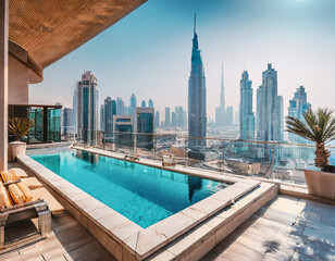 Impressive spacious penthouse terrace with pool and views of Dubai. Skyscrapers of the United Arab...
