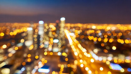 Luminous cityscape. Urban lights in blurred night skyline. Abstract modern city light. Bokeh effect...
