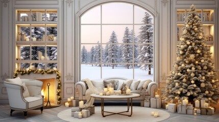 New Year's, Christmas room interior with large windows, Christmas tree, candles and fireplace - obrazy, fototapety, plakaty